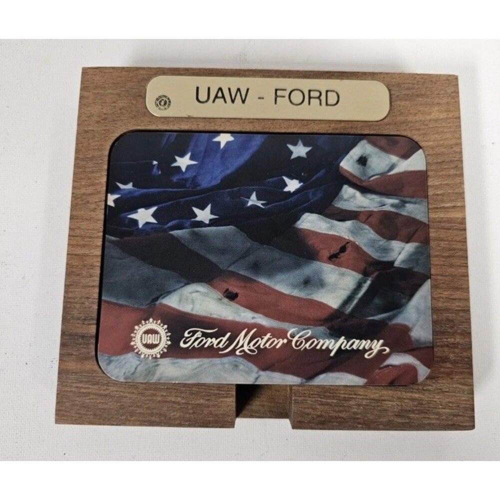 Vintage UAW Ford Motor Company Coasters Set Of 4 W/ Walnut stand Auto Workers